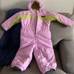 Lands’ End snowsuits (2) light pink with green